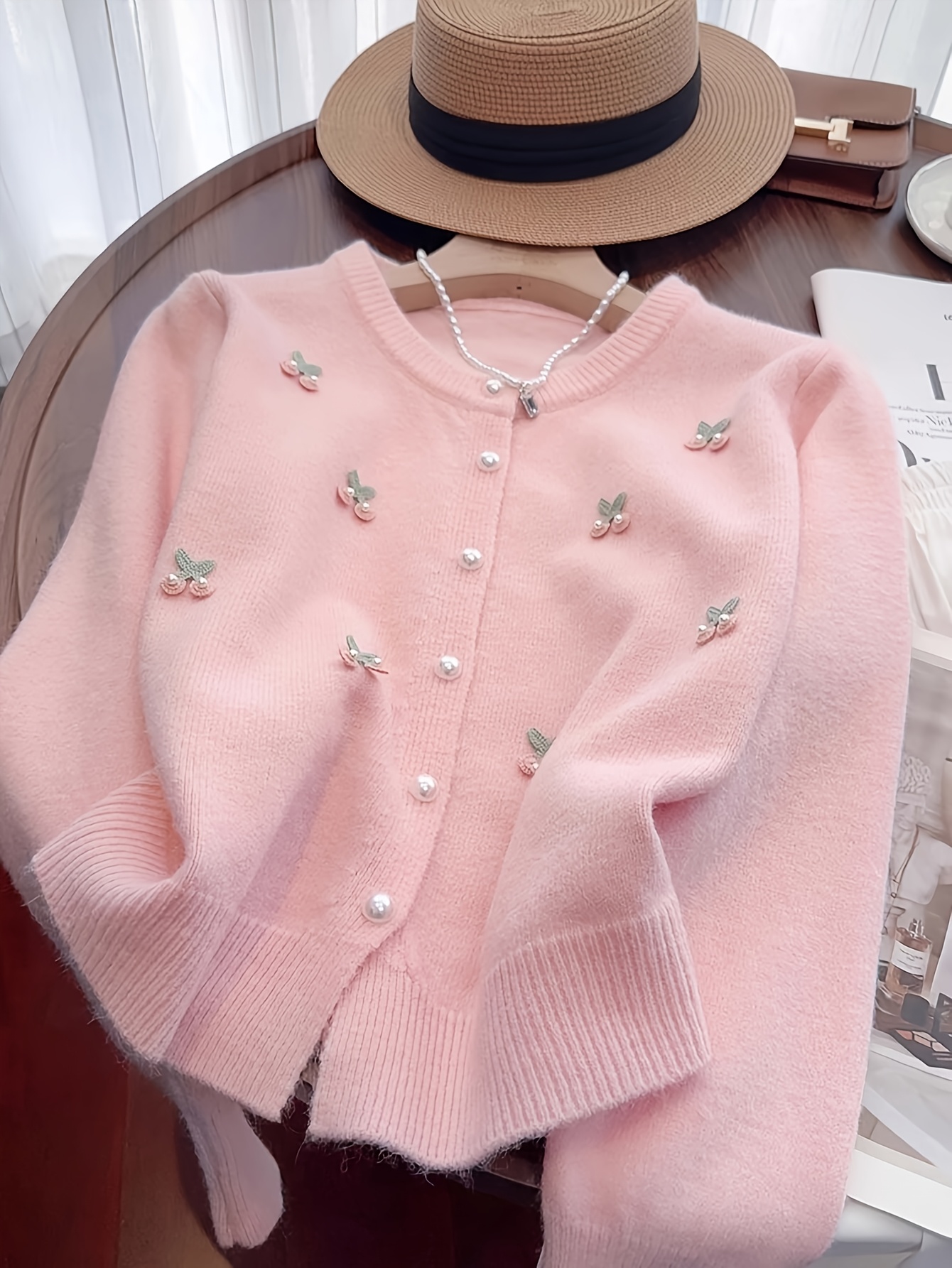 Elegant Ladies' Fashion Pearl Cardigan | Conventional Collar, Solid Color, Suitable for All Seasons