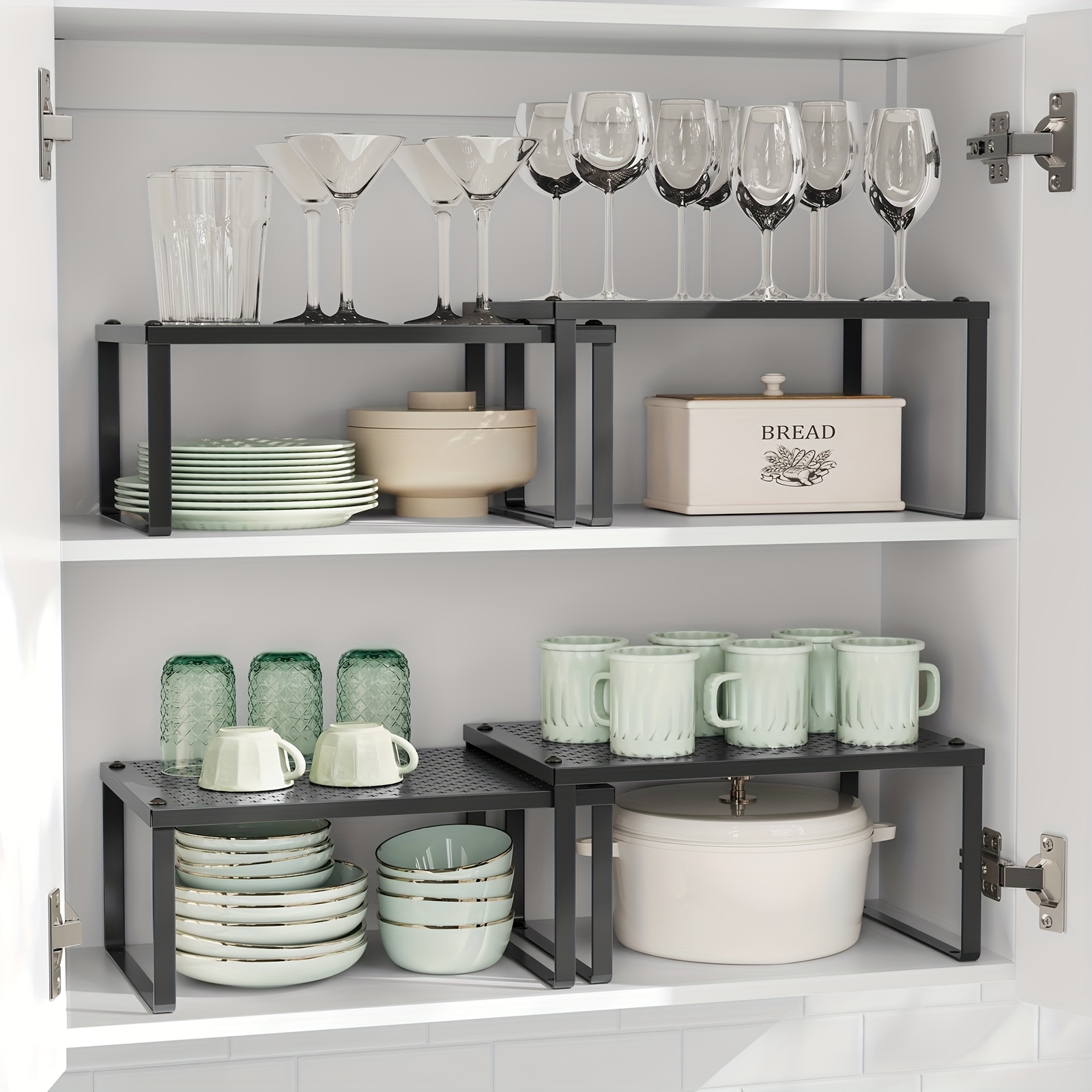 Image of Spice Racks, Set Of 2 Cupboard Organisers, Kitchen Storage, Stackable, Expandable, Metal Counter Shelves