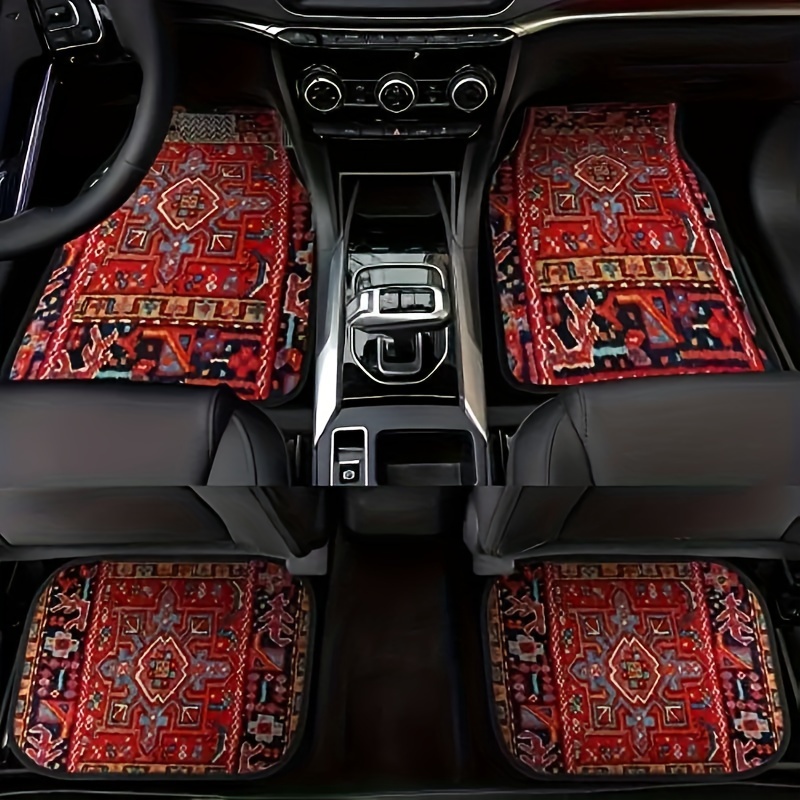 

4-pack Vintage Ethnic Bohemian Red Pattern Car Floor Mats, Universal Non-slip Anti-soiling Dustproof Foot Pads, Polyester (polyester Fiber) Material, Fits Most Vehicle Models