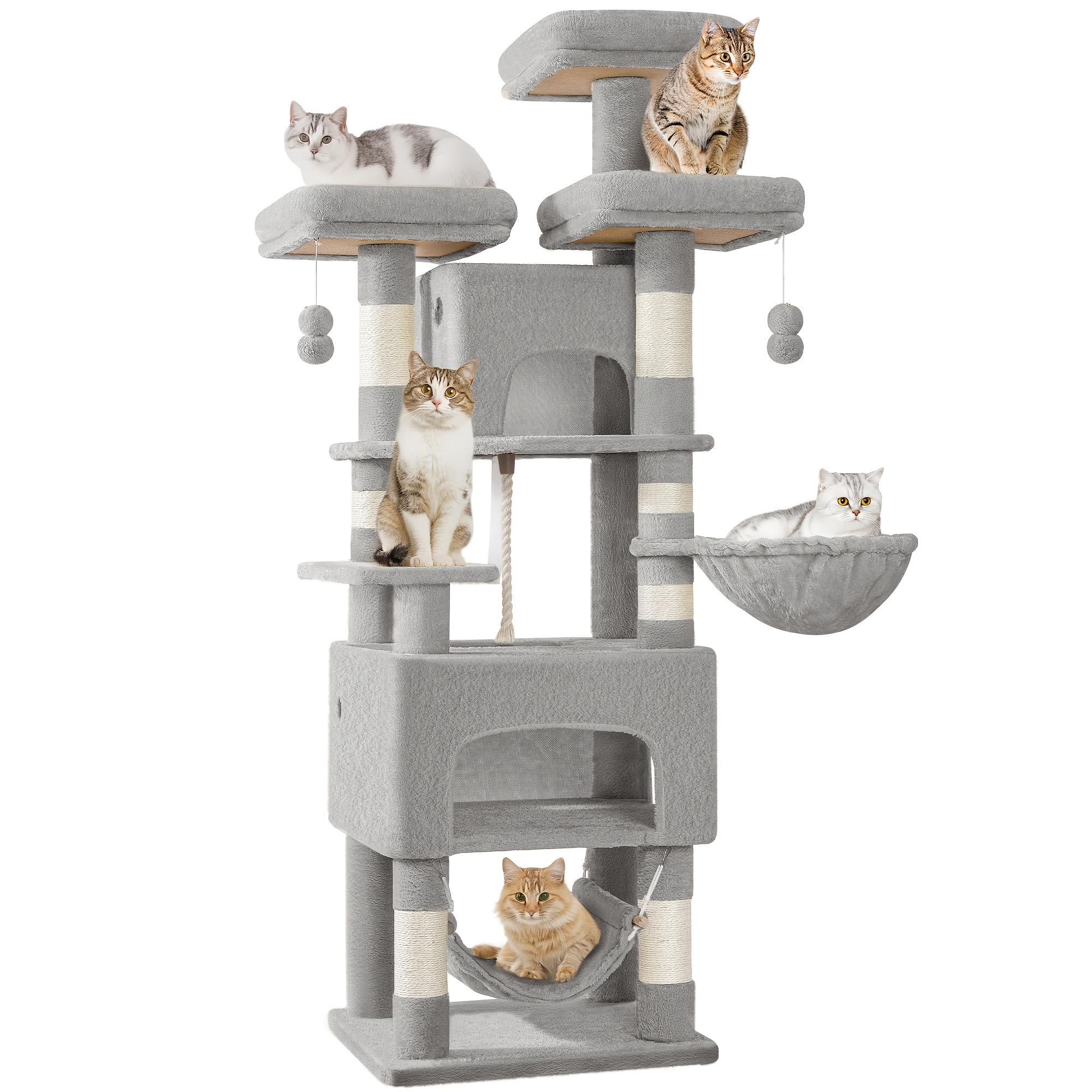 cat tree 176cm xl size with 3 platforms 2 caves 7 scratching posts hammock plush ball ideal for multi cat families in light grey dark grey beige pet climbing tower feline enrichment spacesaving tree   cat furniture   scratching posts   plush ball cat hammock large cat perch with condo for indoor and hanging toys cat tree tower cat tree for indoor cat cat tower indoor cat