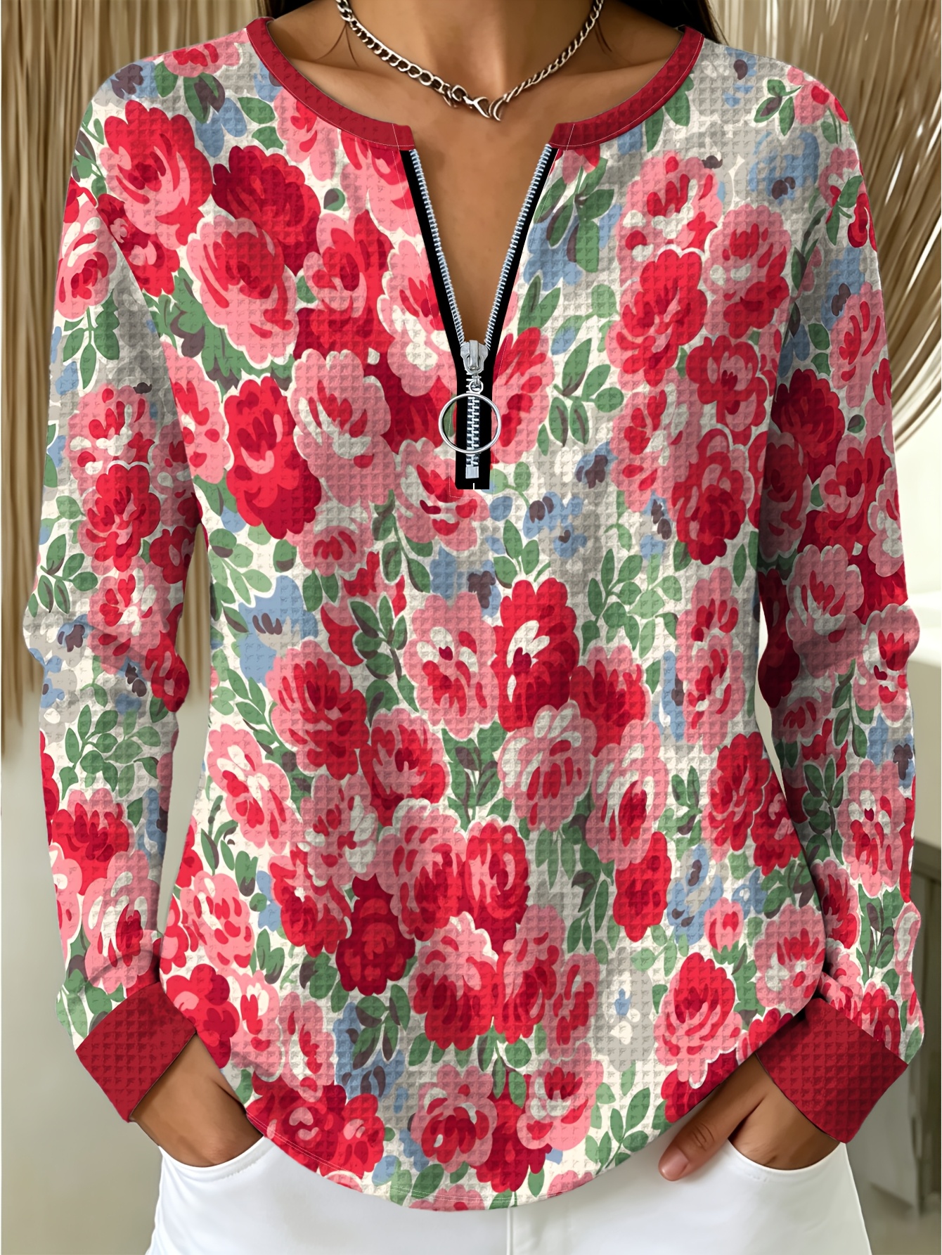 item picture plus size beige base with   roses waffle sweatshirt autumn winter long sleeve zip up crewneck vintage   sweatshirt