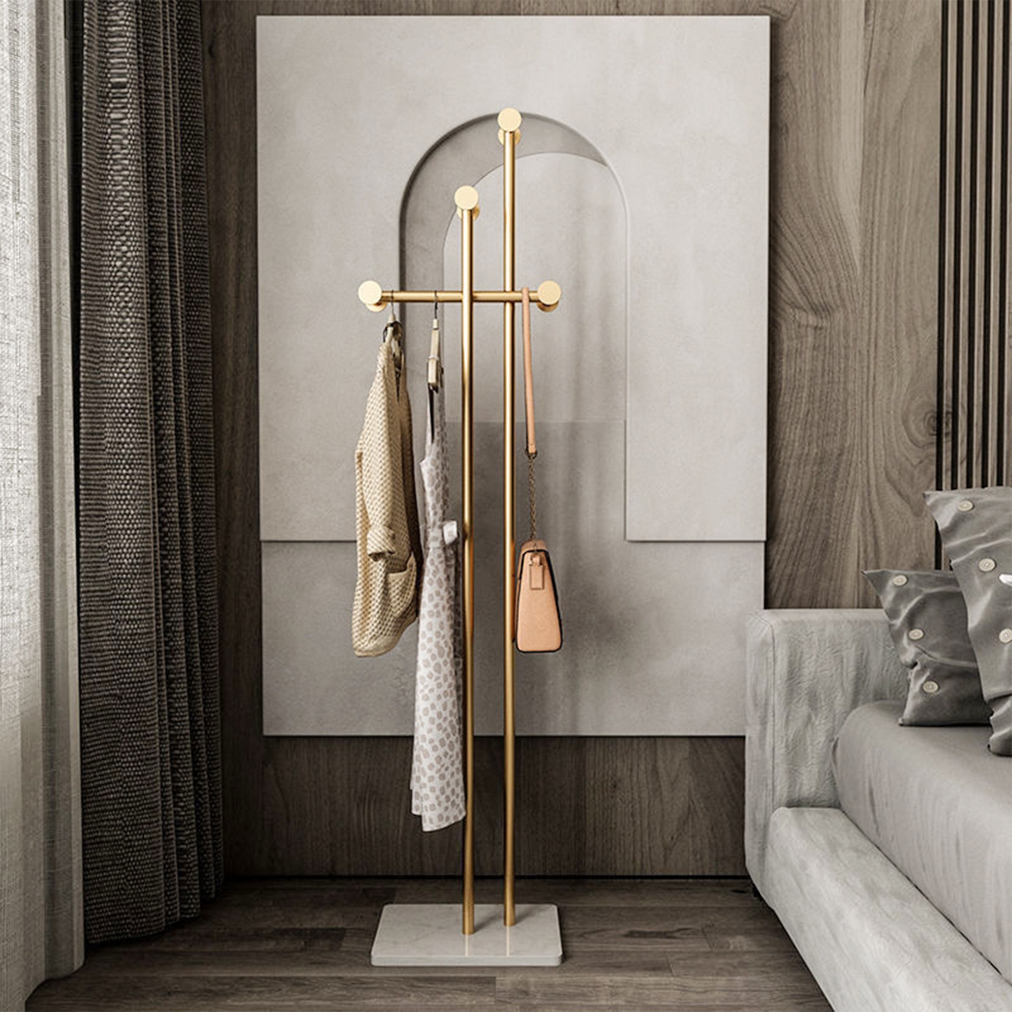 

Coat Rack, Golden Coat Rack With 8 Hooks, Free-standing Coat Rack, Metal Clothes Rail, With White Marble Pattern Rectangular Base Plate, Study, Living Room, Bedroom