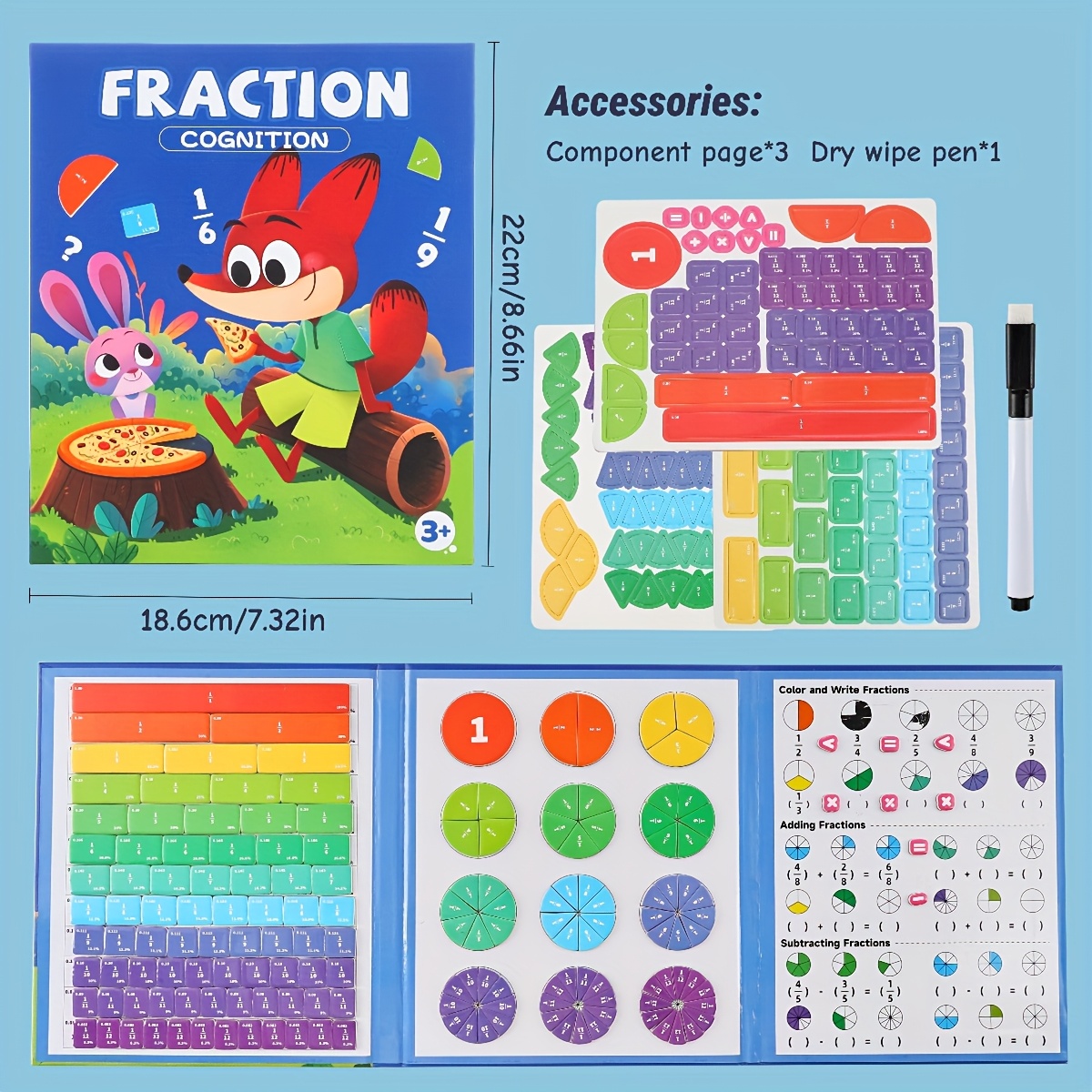 Magnetic Interactive Math Fraction Notebook, School Fraction Teaching Aid, Block Chart And Pie Chart With Erasable Area, Multisensory Activity, Home Education Material, Travel Friendly