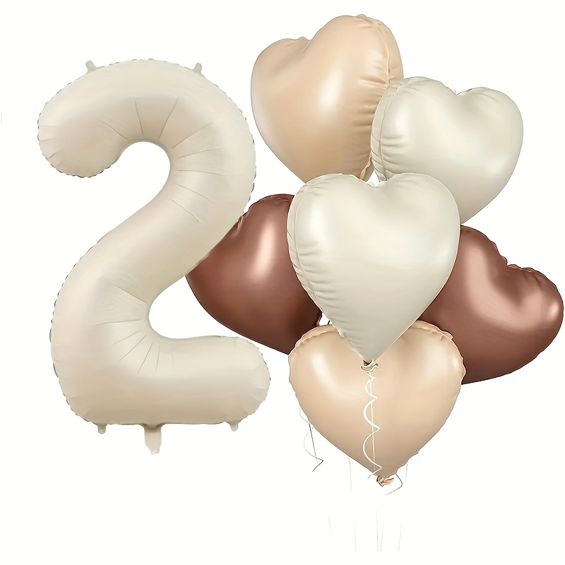 7pcs Milky White Heart-shaped Digital Set, Caramel Heart-shaped Aluminum Film Balloons, Romantic Decoration For Engagement, Marriage, , And Love