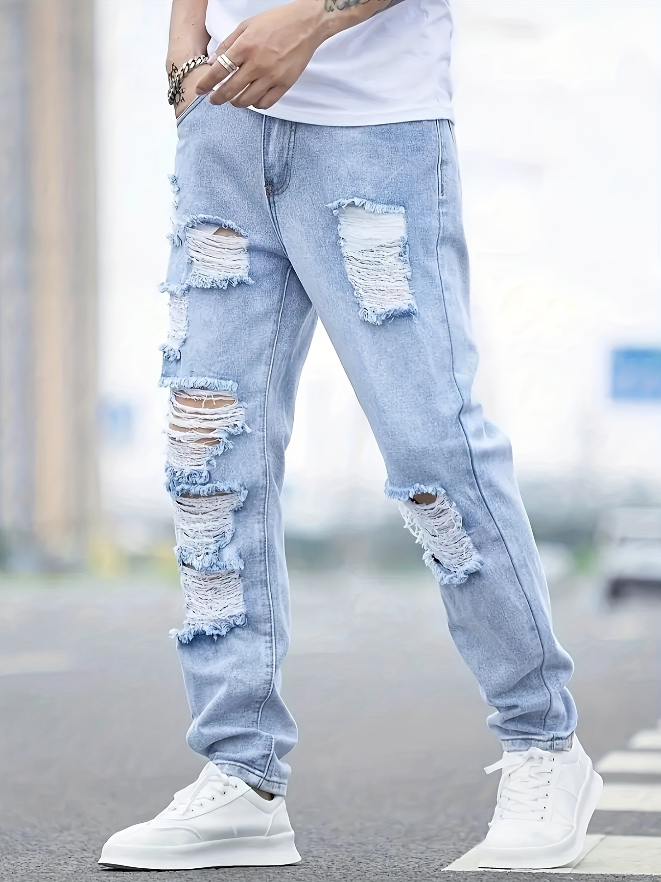 mens y2k hip hop ripped jeans distressed streetwear loose Temu