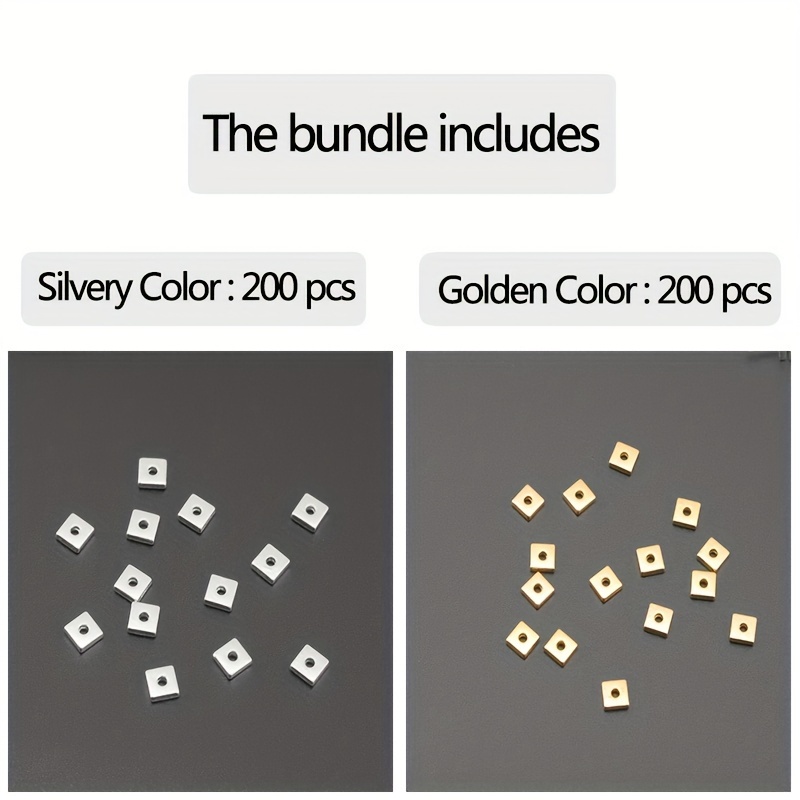 Image of 400pcs/200pcs 5mm 4mm 3mm Alloy Silvery Square Spacer Beads Golden Smooth Square Block Flat Square Pad Washer Loose Beads For Bracelet Necklace Earring Making Additions Craft