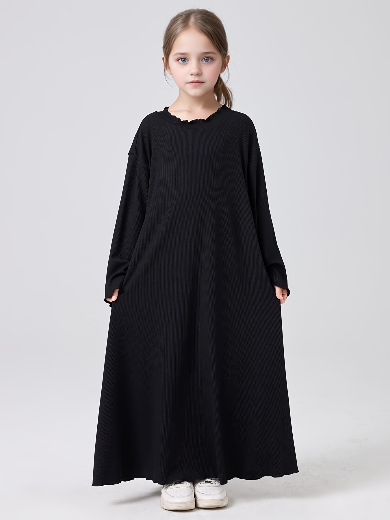 elegant black knit abaya muslim girls long sleeve crew neck - Temu Kuwait