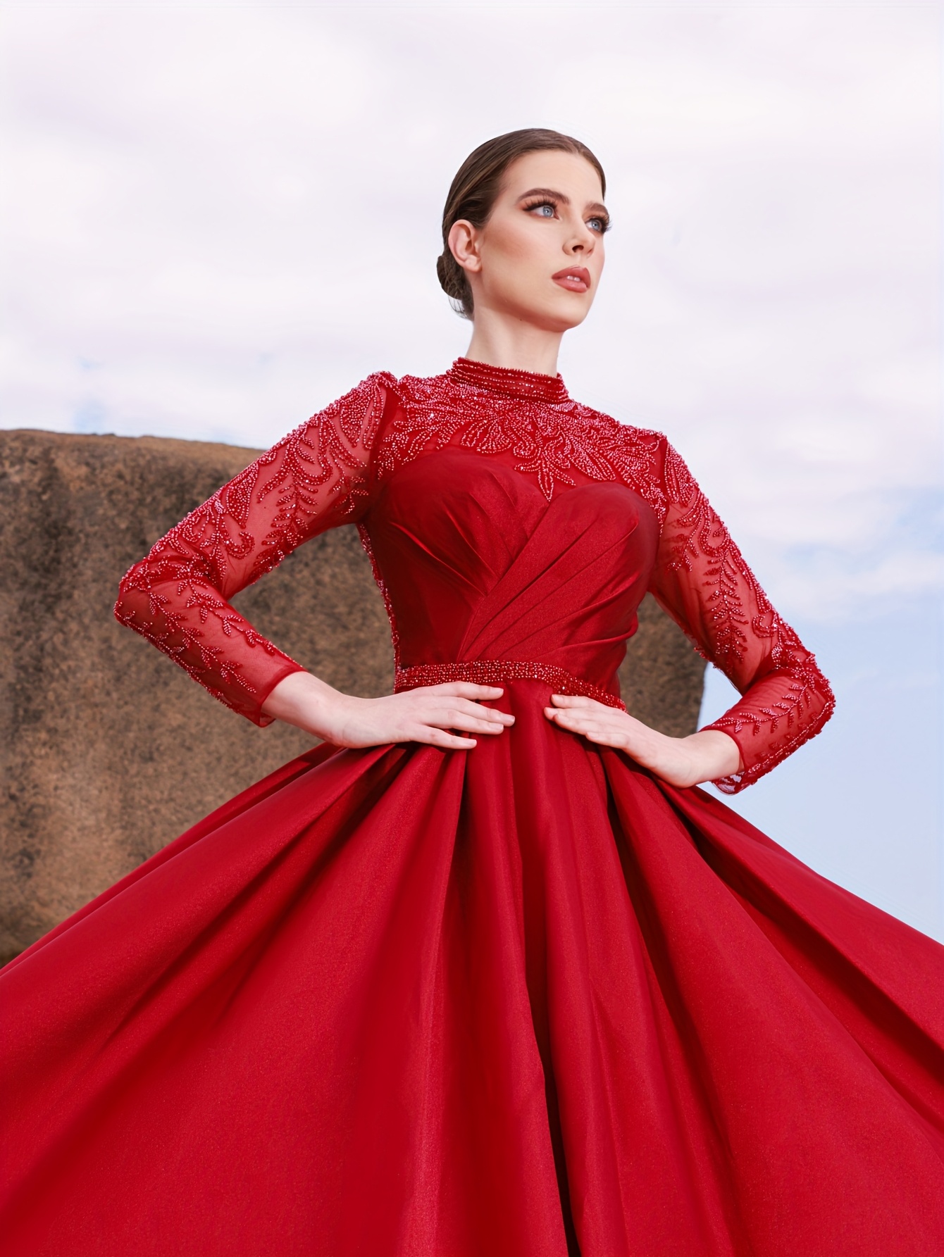 luxurious elegant red bead embroidered a line gown - Temu