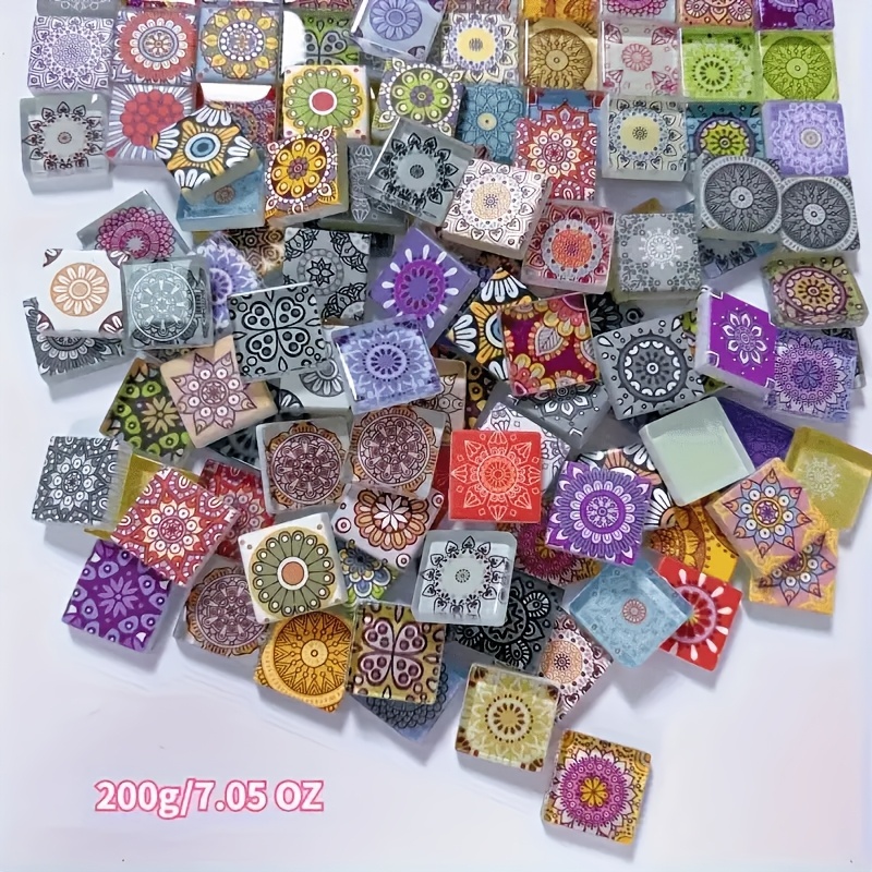 200 g/7,05 oz Mandala kvadratne steklene mozaične ploščice, ohlapni zrna, mešane tridimenzionalne reliefne učinke steklene okrasne ploščice,