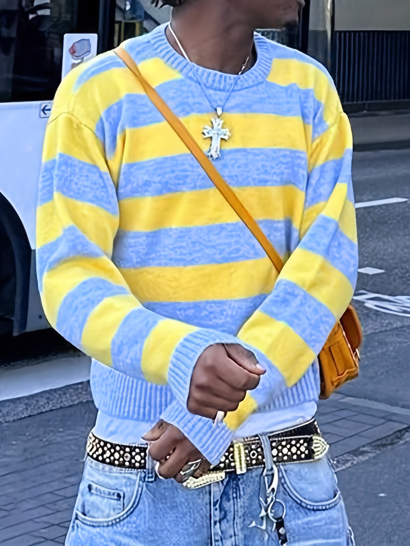 Unisex Streetwear Loose Fit Striped Knit Sweater Long Sleeve Round Neck  Casual Pullover with Yellow Blue Hand Wash Only