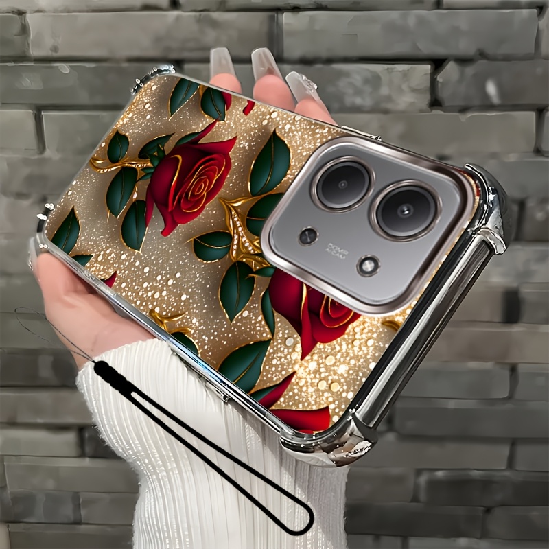 TEMU Phone Case: 2d Flat,2pcs Set: Includes 1 Phone Case + 1 Strap,shimmering Rose 2d Flat, Phone Case,suitable For Redmi 15c,unisex Lanyard Phone