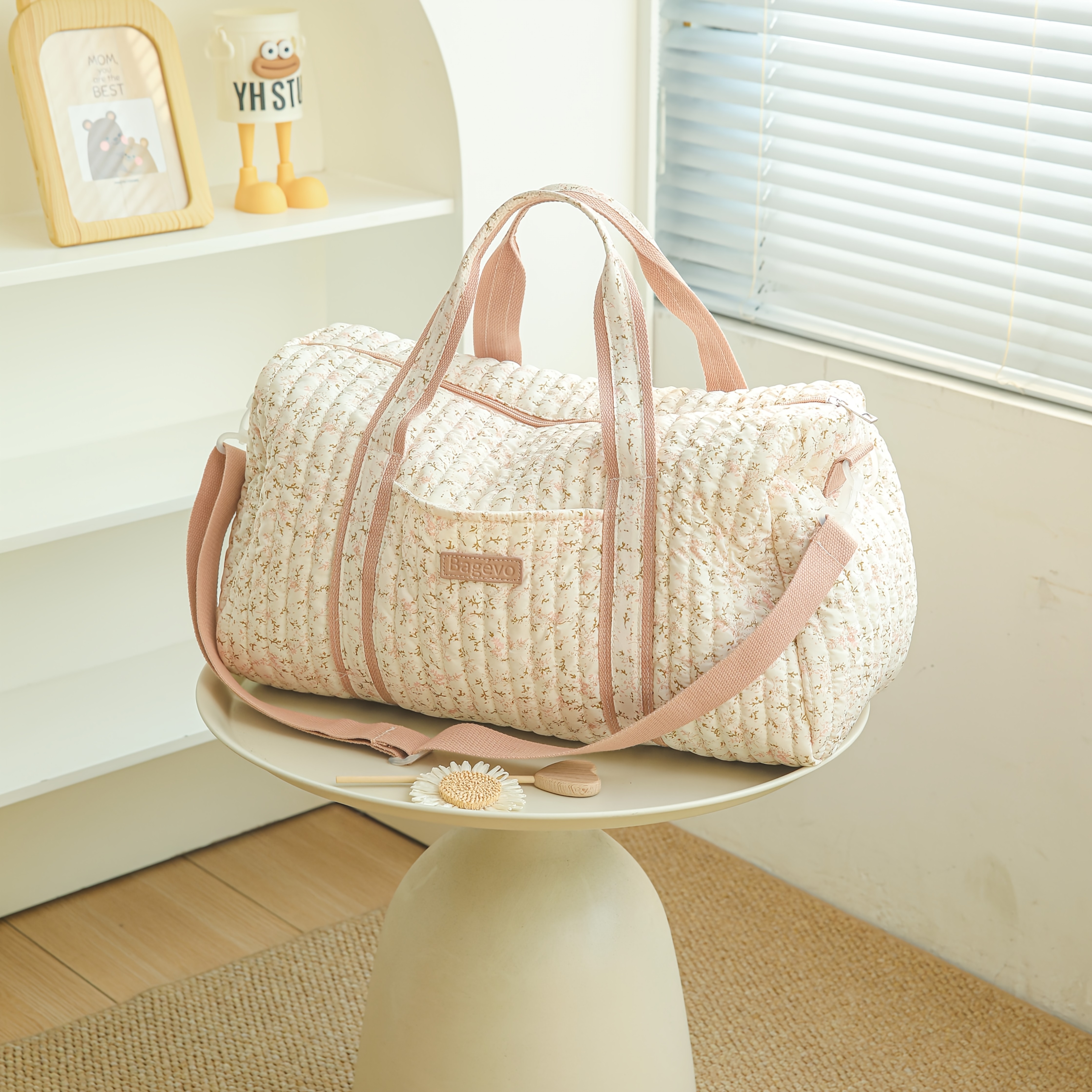 TEMU Soft Pink Floral Quilted Diaper Bag Boston Travel Bag, Large Capacity Maternity Bag Handbag Crossbody Fitness Luggage Organizer