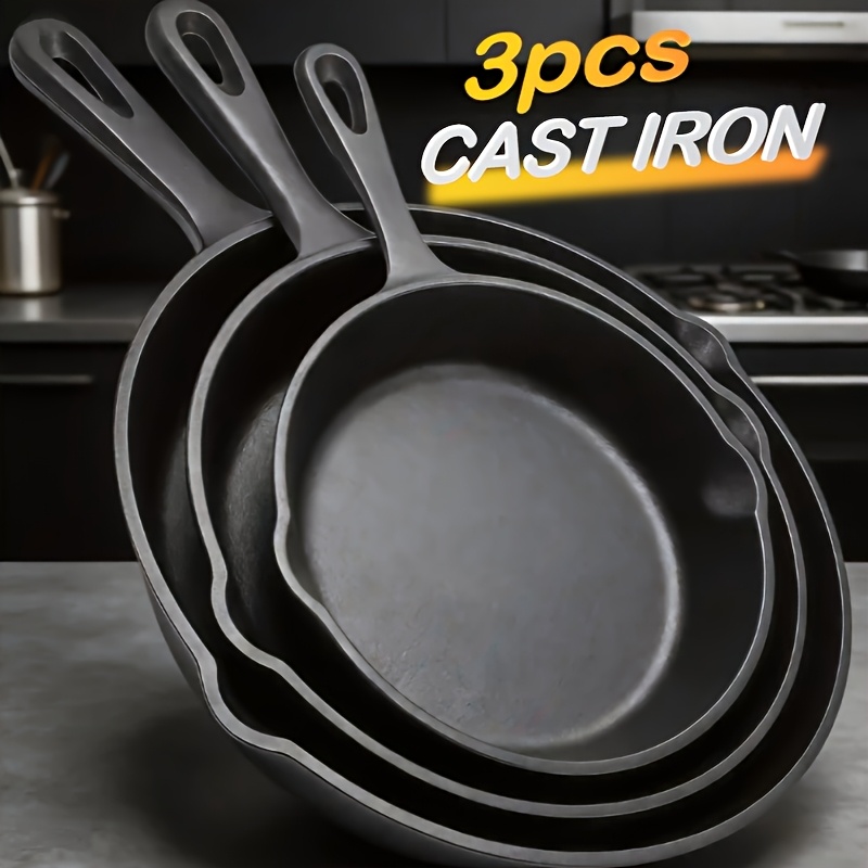 TEMU Ensemble de 3 poêles en fonte Premium - Poêle antiadhésive avec bec verseur, parfait pour des fêtes, les voyages en camping-car et les repas au