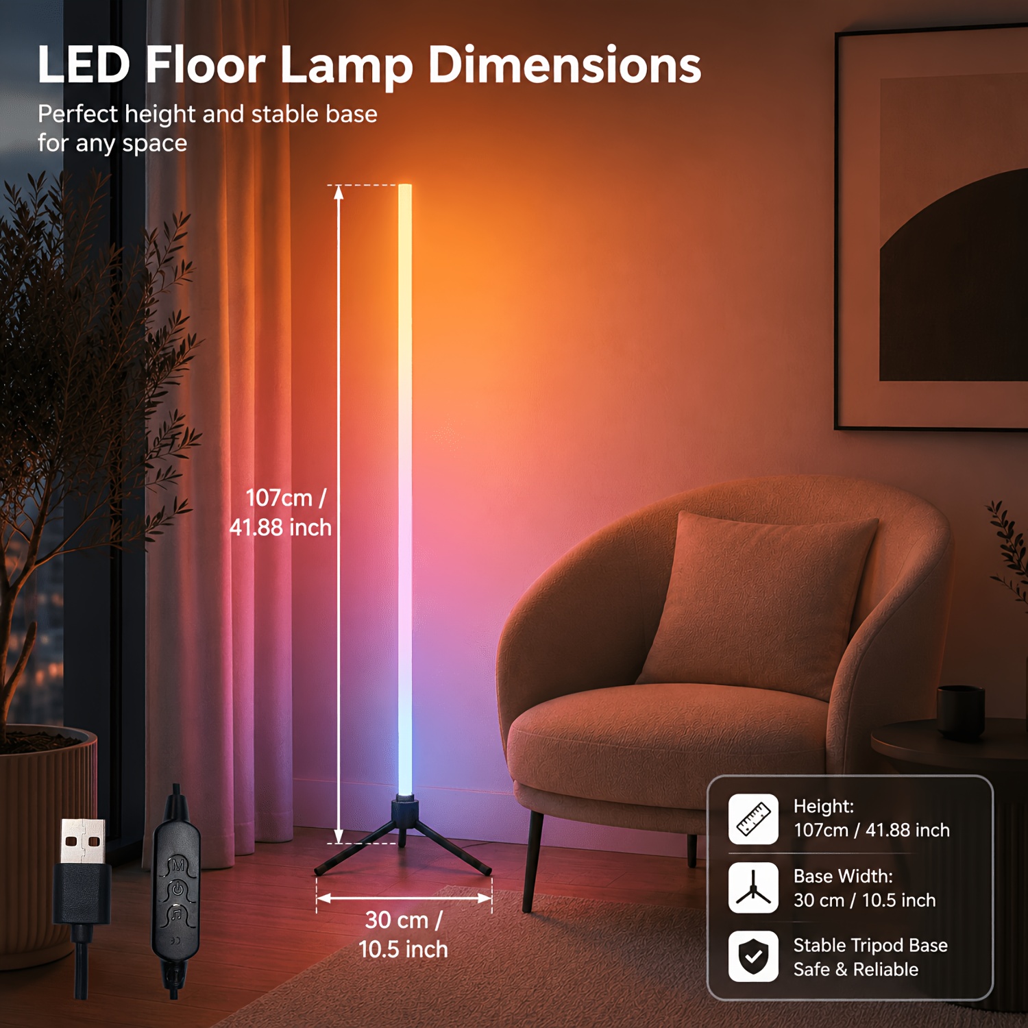 TEMU Lampe de sol RGB à synchronisation , 20 d'éclairage USB Plug And Play, rétroéclairage à changement de couleur dynamique, décoration moderne pour