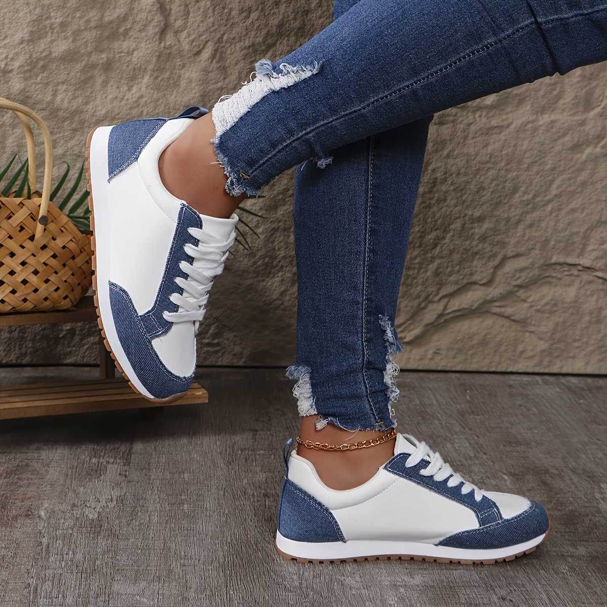 TEMU 166 Blue Cloth + White Pu All-match Comfortable Fashion Trendy Flat Bottom Wear-resistant Low-top Stitched Breathable Casual Sports Shoes