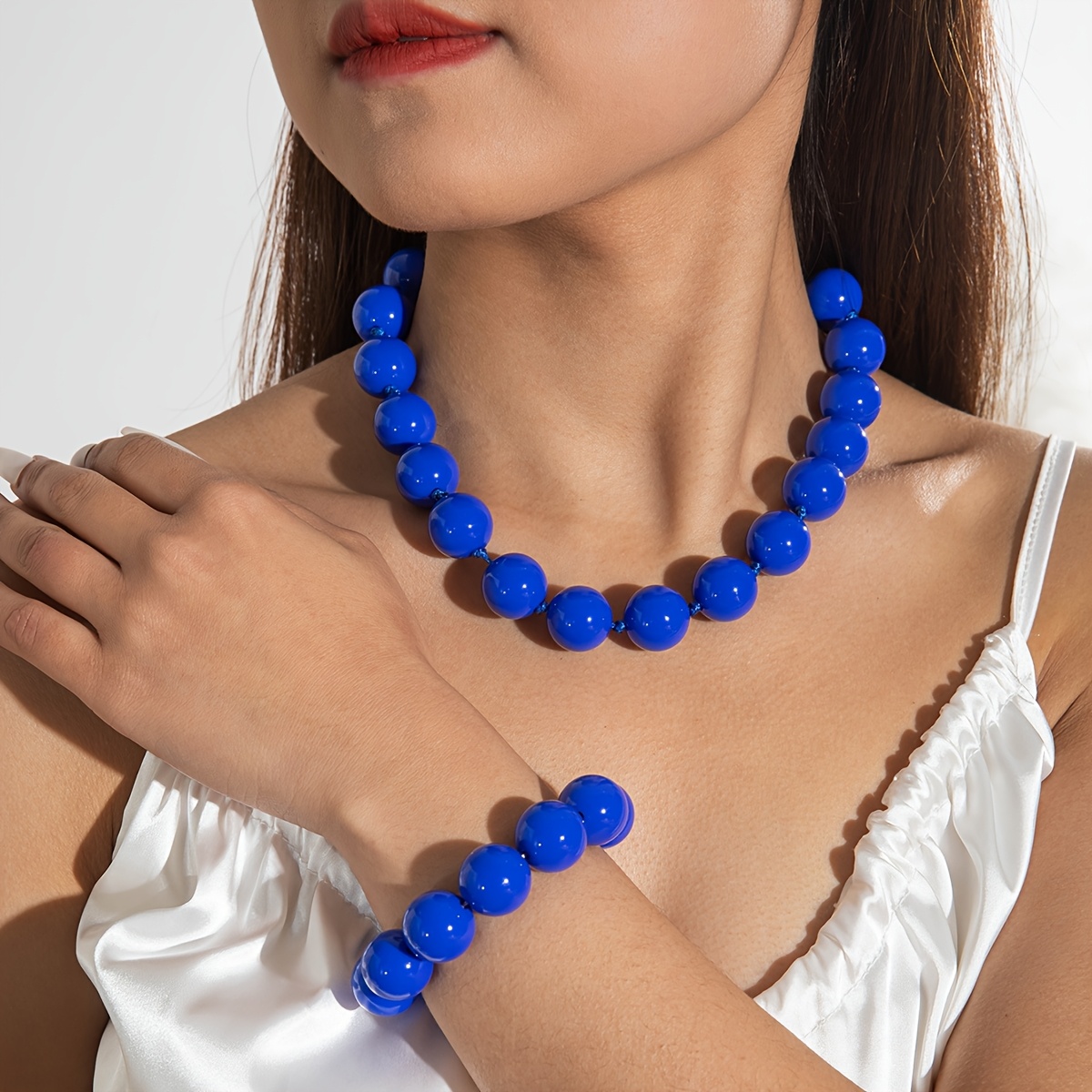 Image of 2pcs Bohemian Vintage Style Blue Resin Beaded Necklace And Bracelet Set, Geometric Spherical Set, Simple And Versatile For Daily Wear And Parties, Unisex