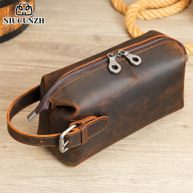 

1pc Men's Vintage Multi-functional Top Layer Cowhide Toiletry Bag, Large Capacity Storage Bag, Bathroom Organizer Shaving Bag, Multi-functional Leather Handbag