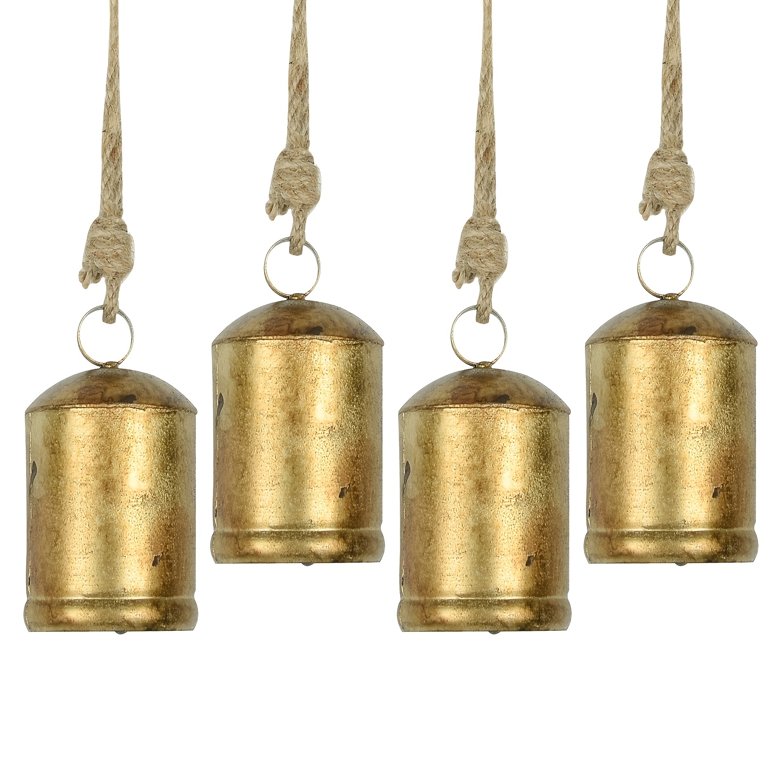 

4pcs Handcrafted Christmas Bells With Rustic Jute Rope - Vintage Metal Cow Bells For Door, Window, Wreath & Fireplace Decor - Gift For Women, Mom, Grandma