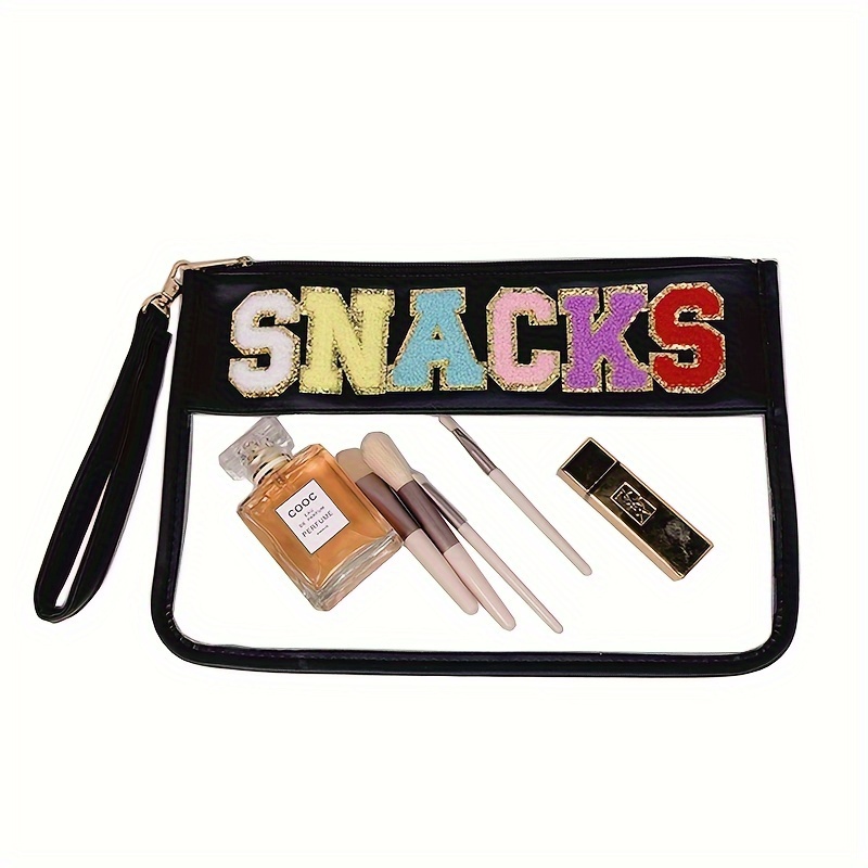 

Stylish "snacks" Chenille Letter Patch Cosmetic Bag - Large Capacity, Waterproof Pvc, Formaldehyde-free With Black Zipper And Wrist Strap For Women, Cosmetic Storage|snackthemed Design| Zipper Closure