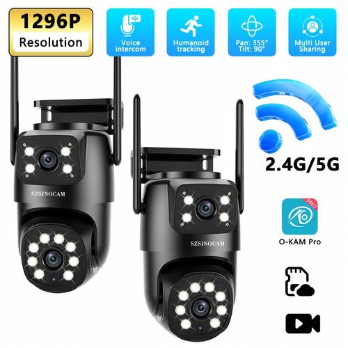 zdjęcie przedmiotu 2 szt. bezprzewodowy inteligentny zewnętrzny system kamer bezpieczeństwa, ptz monitorowanie z 355° pan-tilt-zoom, wykrywanie ludzi przez kolorowe widzenie nocne, podwójny obiektyw fhd 1296p, dwukierunkowy dźwięk, sterowanie przez aplikację mobilną, odpowiedni do biznesowego cctv