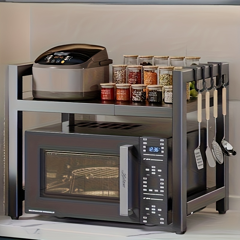 TEMU 1pc, 2025 New Expandable 2-tier Kitchen Storage Rack, Suitable For Microwave And Oven | Black Metal Countertop Organizer With Open Shelves,