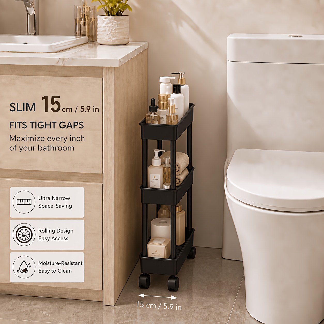 TEMU 3-tier Narrow Storage Cart, Sliding Shelf For Bathroom And Kitchen, 15cm Ultra-narrow Plastic Mobile Organizer, Small Space Toilet Storage Rack,