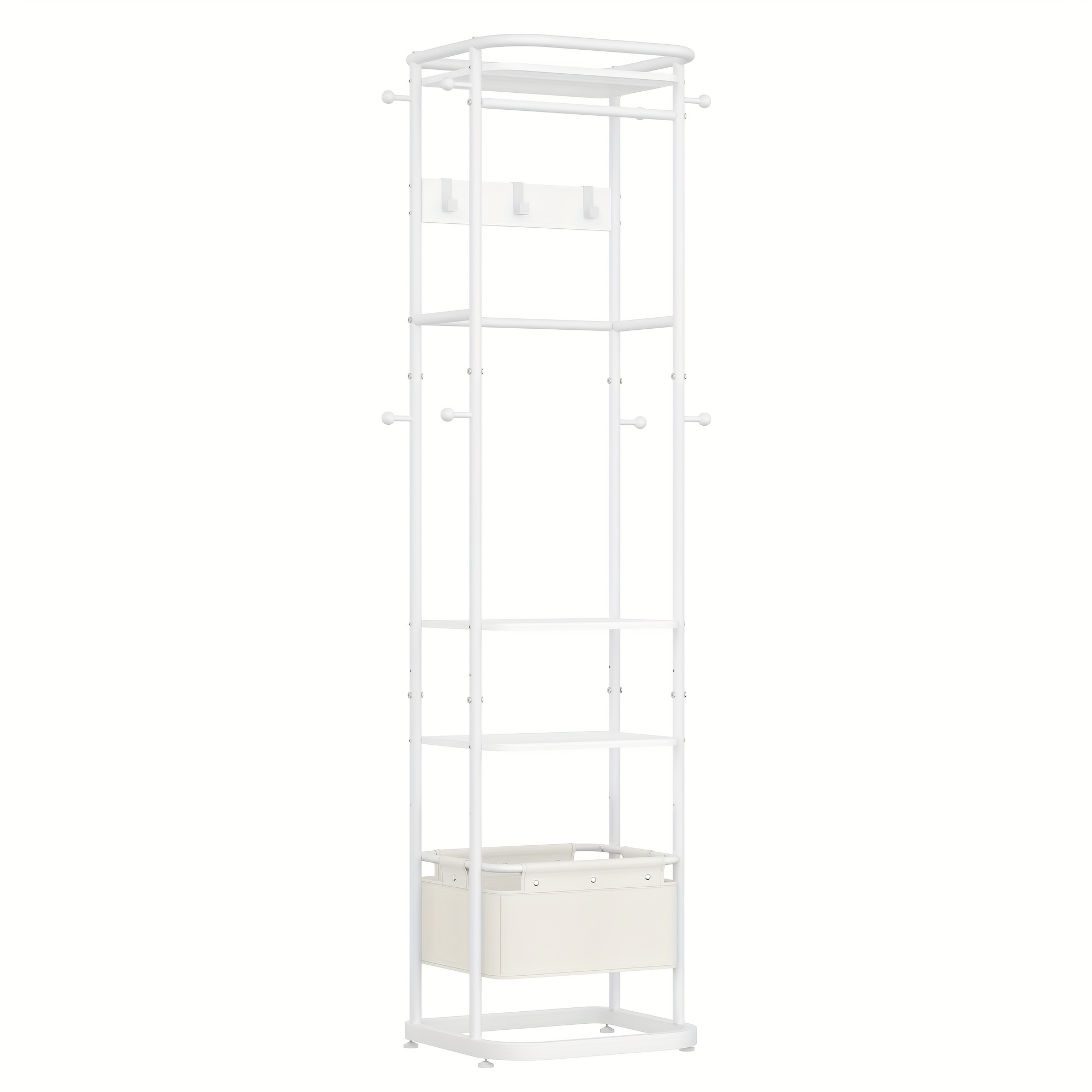 Coat Rack With 3 Shelves And 11 Hooks For Scarves, Bags, Boxes, Freestanding Clothes Rack With 1 Basket, For Bedroom, Hallway, Entrance Area, Office, Living Room, White
