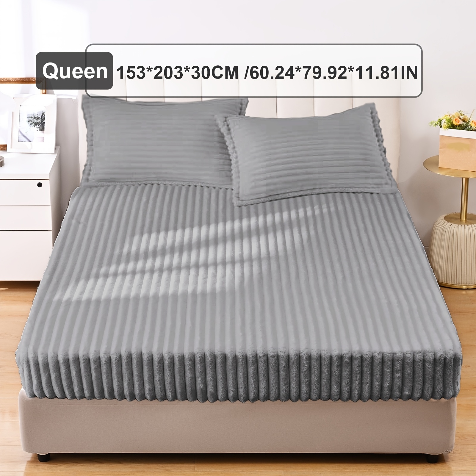 TEMU 1pc Bed Sheets, Stripe Fuzzy Sheets, Thickened Rabbit Fur Sheets, Autumn Mattress Protector, Winter Fleece Fitted Sheets, Plush Warm Bed Cover,