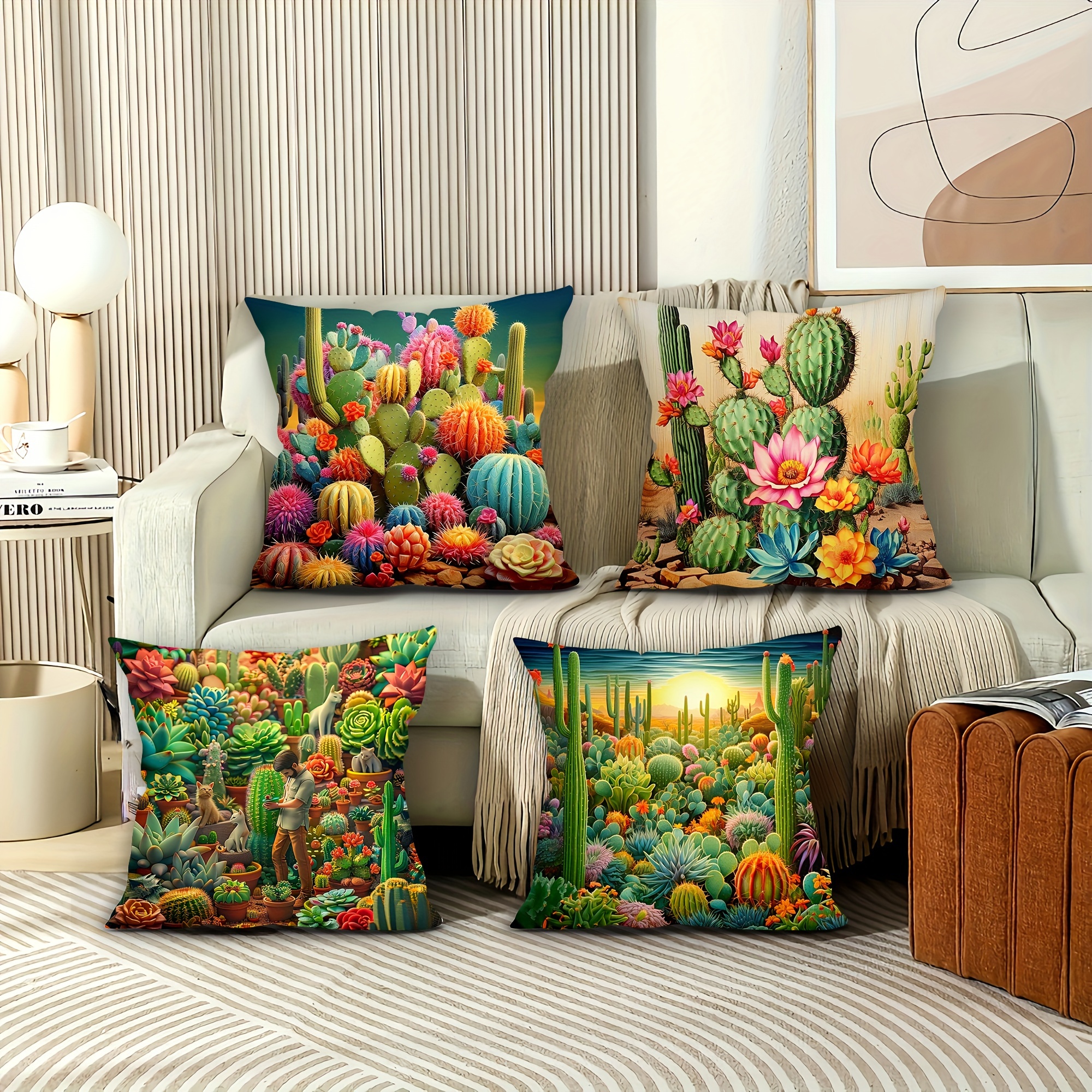 

4-piece Set Soft Plush Cactus Pillow Covers, 17.7x17.7 Inch - Single Sided Print, Zip Closure For Easy Care & Versatile Decor Decorative Pillow Covers Floral Pillow Covers