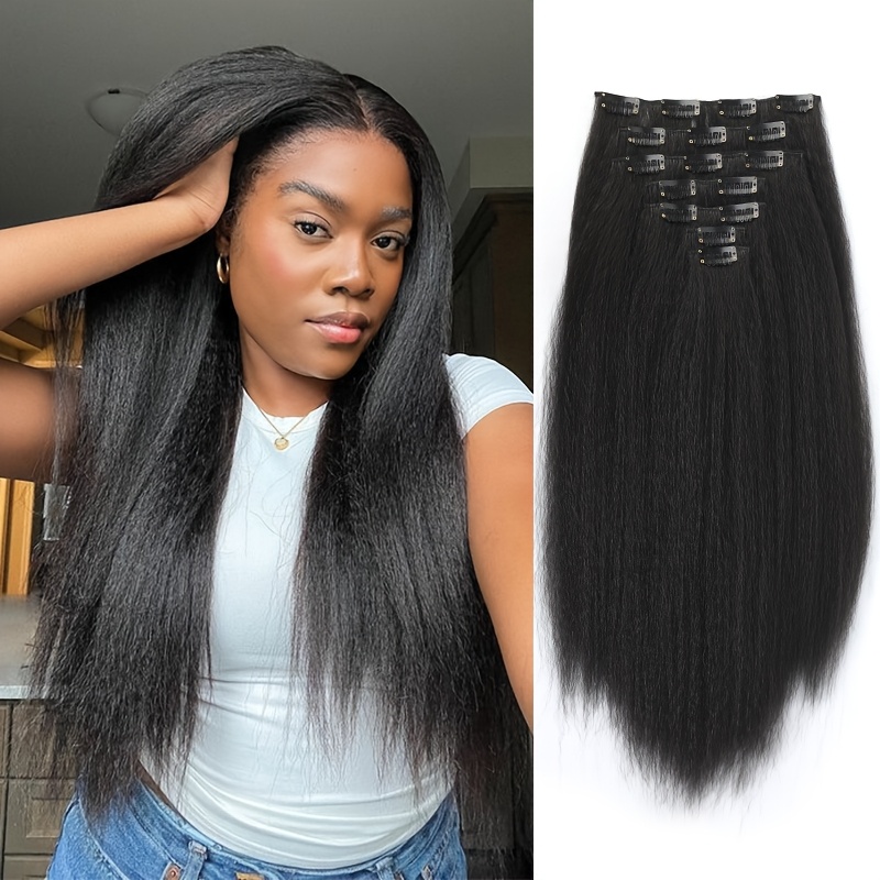 TEMU 7pcs Straight Hair Clip-in Extensions Set For Women, High-temperature Fiber, Natural Black, Comfortable & Bouncy, No Smell, Synthetic Hairpieces