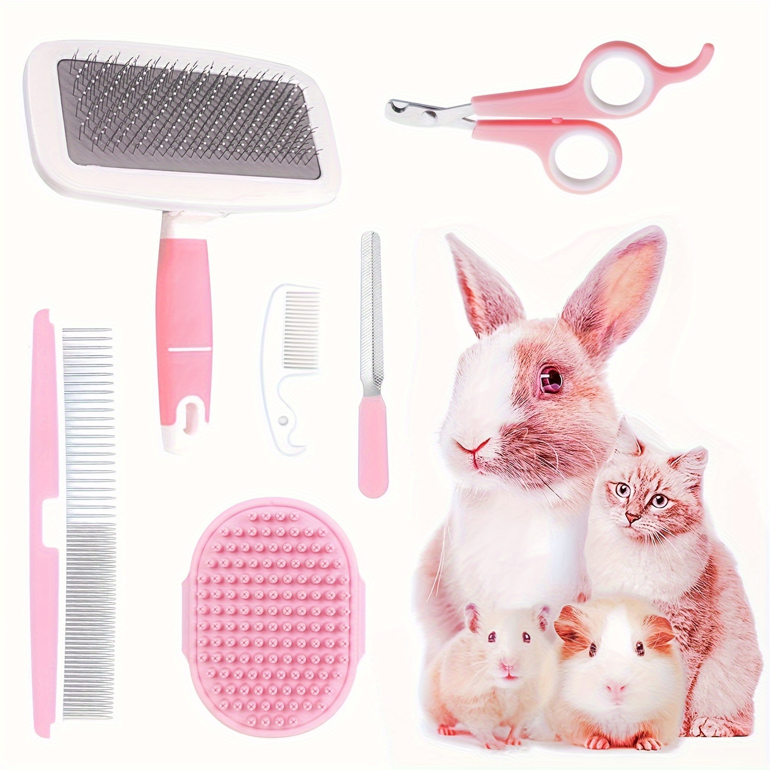 Small Animal Pet Grooming Kit With Shedding Rake Brush, Bath Massage Glove, Pet Grooming Comb, Nail Clipper And Trimmer For Rabbits, Puppies, Kittens, Guinea Pigs, Hamsters, (pink)