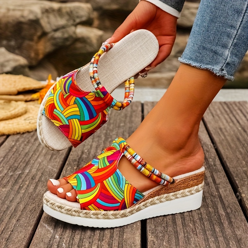 Women's Summer Colorful Graffiti Wedge Sandals with Random Patterned Upper, Espadrille High Heel Platform Slides Featuring Braided Details for Beach, Women Shoes