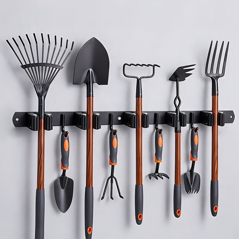 TEMU 1pc Heavy-duty Stainless Steel Wall-mounted Garden Tool Rack With 5-tier Shelves And 4pcs Hooks - Rust-resistant Powder Coated Multifunctional