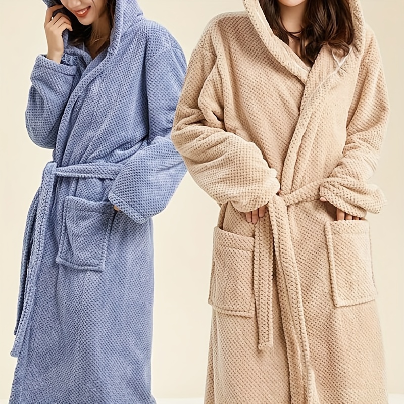 Coral Fleece Hooded Bathrobe Soft Absorbent Quick Drying Long Sleeve Lounge  Robe With Pockets Belt Womens Sleepwear - Beauty & Health - Temu