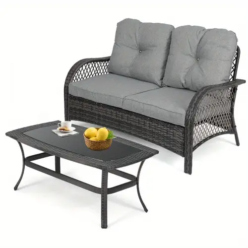 outdoor furniture set patio loveseat and table set of 2 pe rattan sofa conversation set double chair match thickened cushion and coffee table for garden porch yard gray