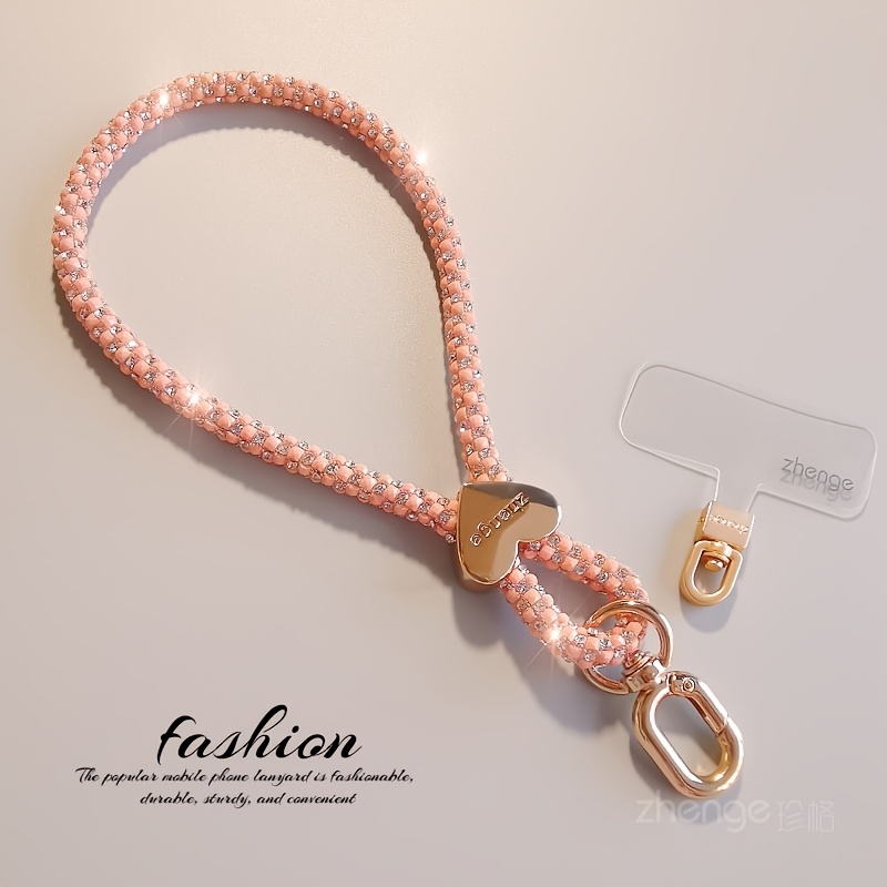 TEMU Cordon de téléphone à cœur en strass scintillants avec fermoir à crochet métallique rotatif robuste, sangle de téléphone tendance -perte pour