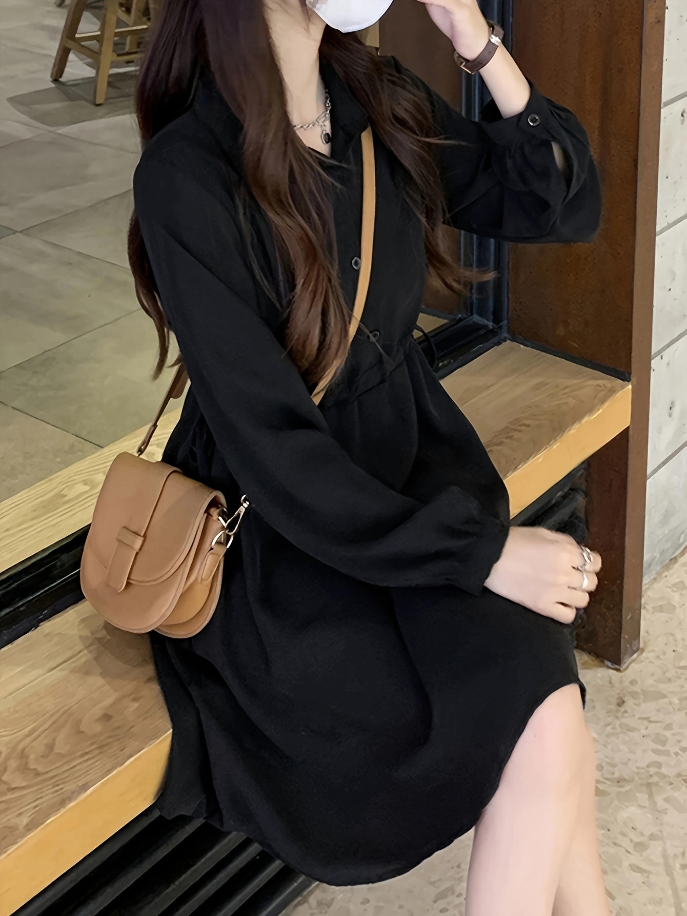 2025 spring new korean style shirt dress elegant dress black - Temu United  Arab Emirates