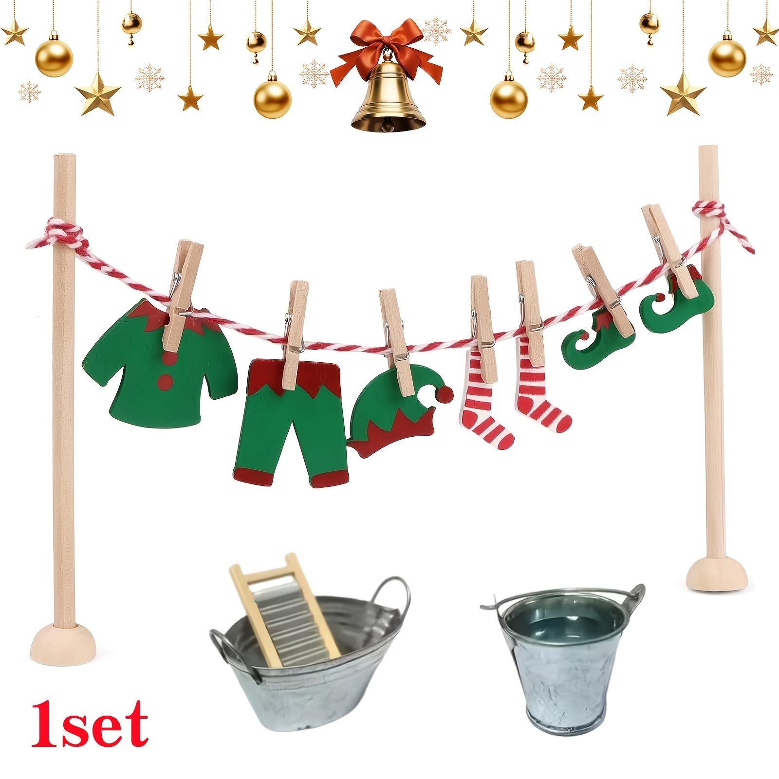 TEMU 1 Set Mini Maison de Poupée de Noël Décor de Blanchisserie, Cintre de Vêtements de Noël en Bois avec Pinces à Linge, Mini Baignoire en Métal et