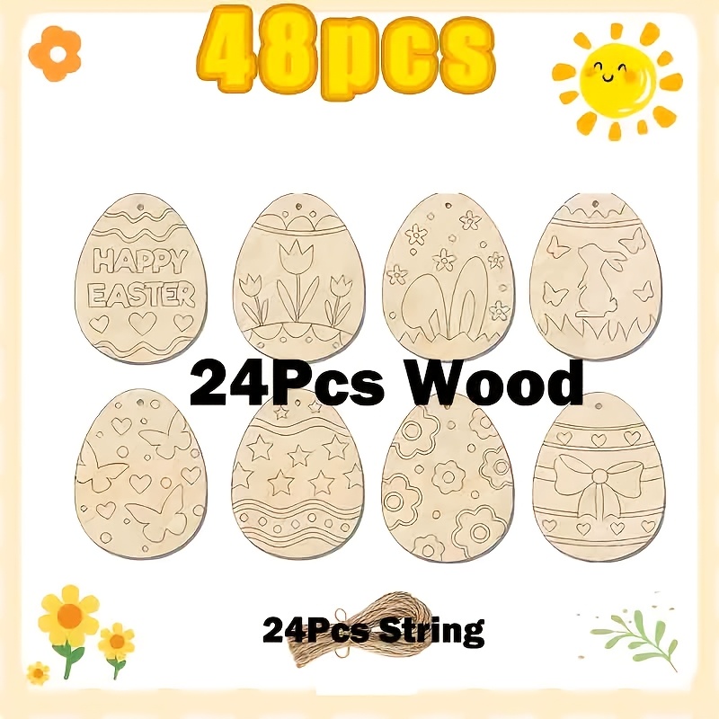 Image of 48pcs Easter Wooden Egg Pendants | 24pcs Blank Wood + 24pcs String, Oval-shaped, Suitable For Easter Festival Decorations, Contemporary Style