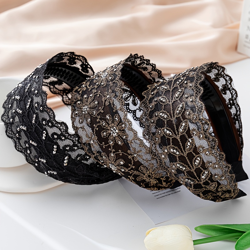 

Single Piece Elegant Vintage Rhinestone Embellished Lace Headband, Fabric Wide Dress Up Hairband, Non-slip , Korean Style, With Color Matching For Valentine's Day