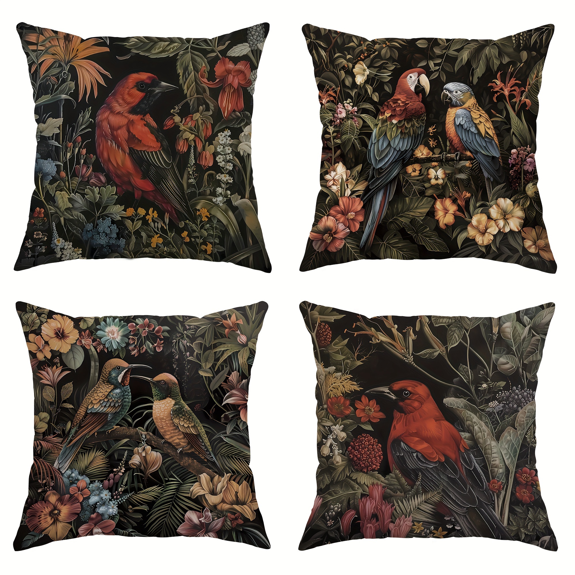 

4pcs, Velvet Throw Pillow Covers Tropical Plant Parrot Black Forest Green Decorative Pillow Covers 18*18 Inch Suitable For Summer And Autumn Living Room Bedroom Sofa Bed Decoration