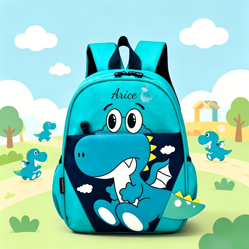 TEMU 1pc Back-to-school Personalized Student Backpack, Customizable With Self- Name, Text, Or , Featuring A Print. Cute Cartoon Dinosaur Design