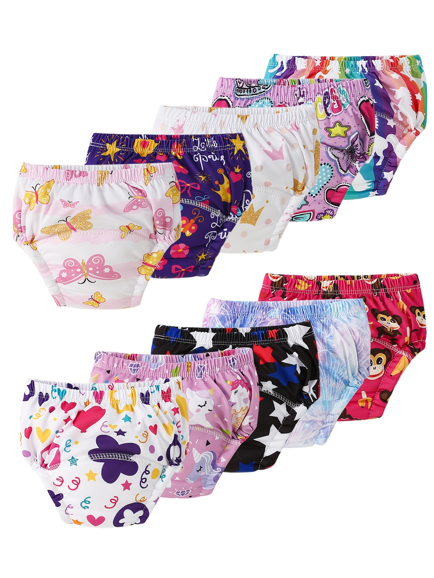 10 piezas de calzoncillos de pañales para bebés Lavar y reutilizar ropa  interior para niños pequeños con patrones de dibujos animados y florales, te