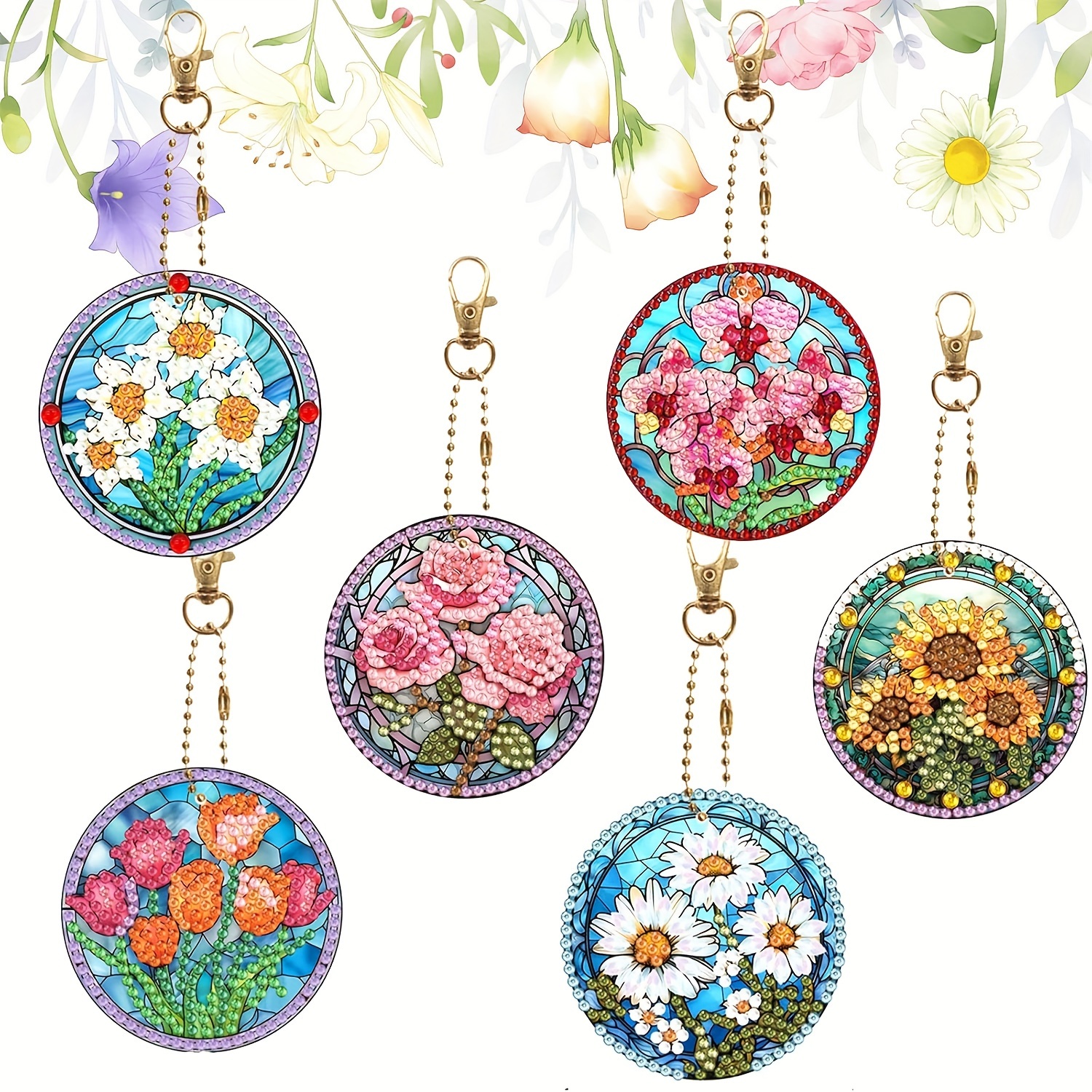 

6pcs Floral Diamond Art Keychain Set - Rose & Flower Designs, Round Acrylic Gems, Diy Craft Supplies For Decorations & Accessories