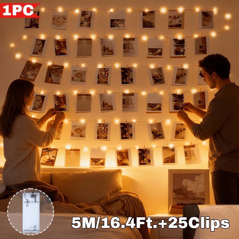 TEMU 1pc, Majisu Photo Clip Fairy String Lights, 100/50/20led With 50/25/10 Clips, Warm White, Battery Box Supplied, For Card Bedroom Photo Wall