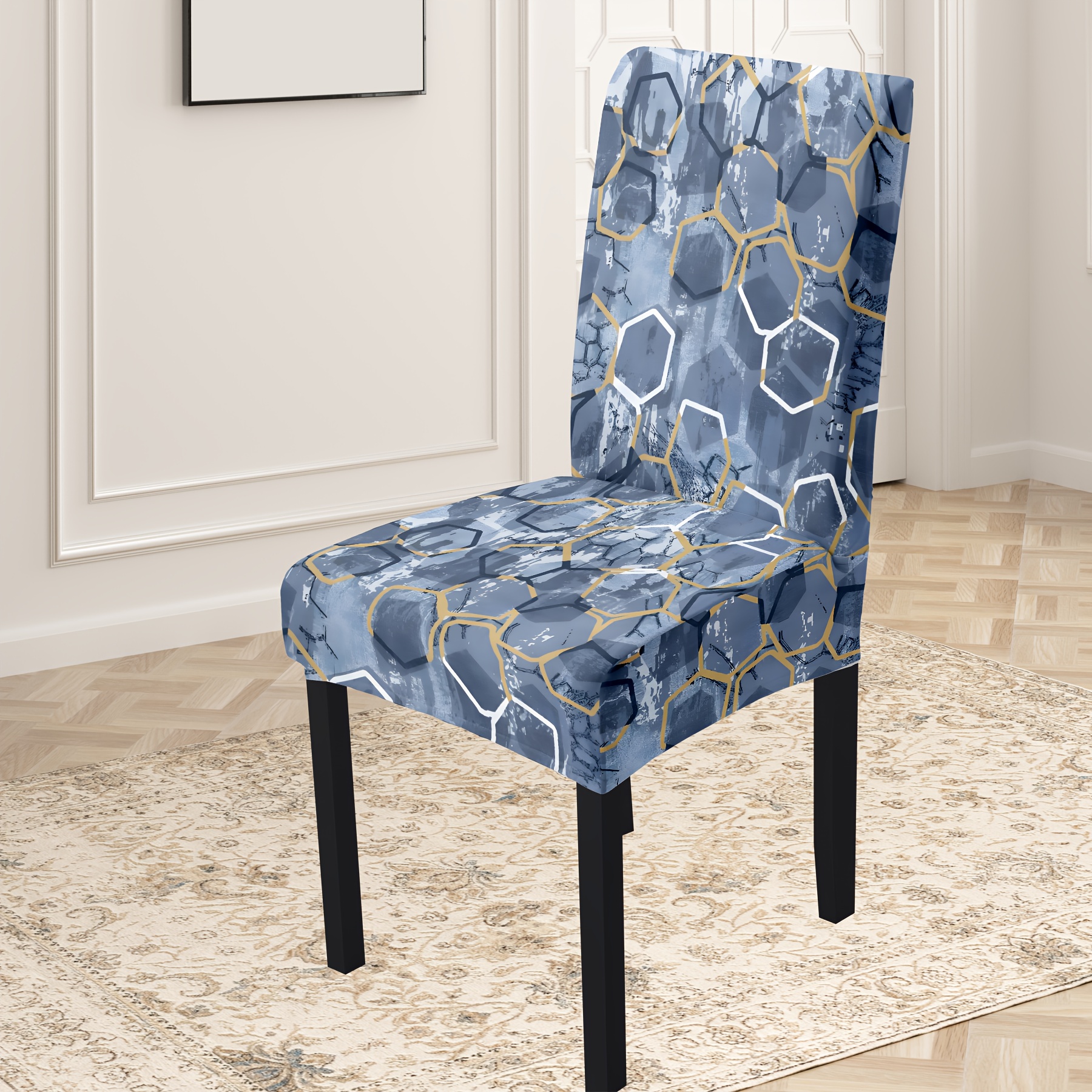 

4/6pcs Classic Geometric Polygon Print Chair Covers, Stretchable Milk Silk Fabric, Dust-proof & Dirt-resistant, Machine Washable, For Home Dining Chairs, Hotels, Gardens - Blue &