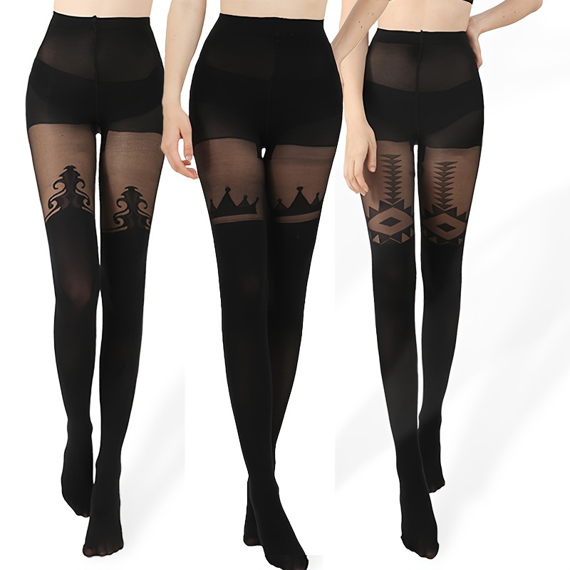 

3pcs Women’s Elegant Black Jacquard Tights - High-waisted, Slim Fit, Anti-snag Pantyhose With Stylish Animal & Geometric Patterns, Comfortable Nylon Blend For Casual Attire, Tights Stockings