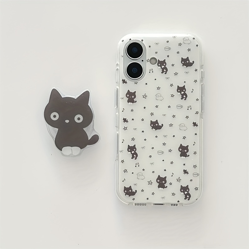 TEMU Phone Case: Crystal Transparent White Light Solid Color White Background Double-layer Painted Full Phone Case With Small Black Cat Phone Holder