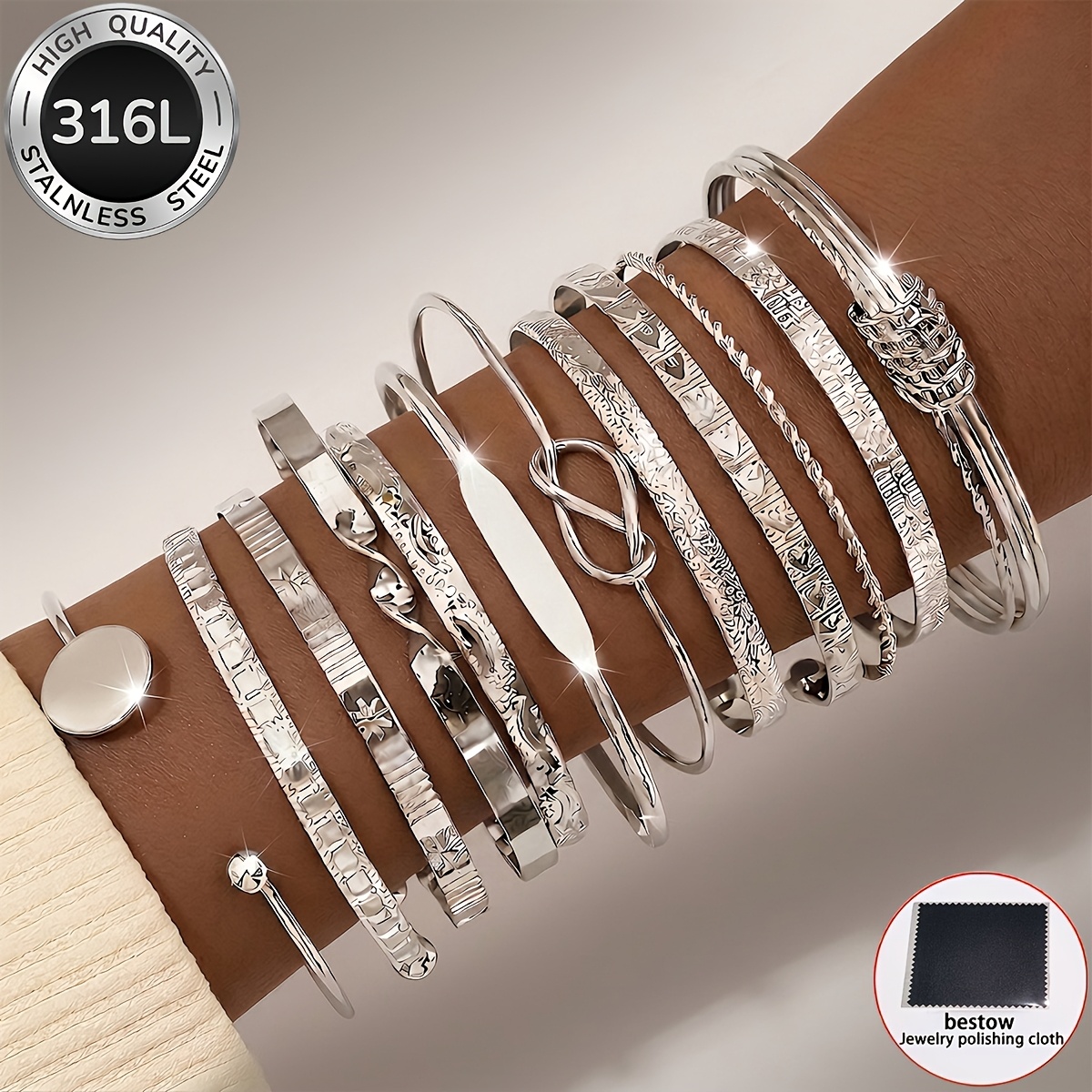 TEMU 12pcs Set [+1pc Accessory Cleaning Cloth] Women's Printed Pattern 316l Stainless Steel Bracelet Set, Creative Silvery Fashion Adjustable Women's