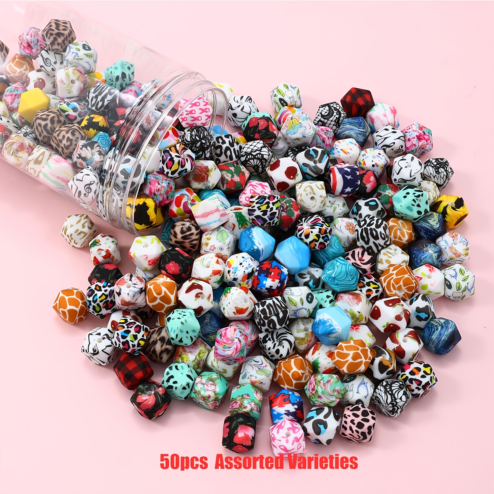 TEMU 50pcs/ 100pcs, 14mm, Random Pattern Hexagonal Silicone Set, And Styles Of Silicone Beads, -like Beads For Jewelry Making, Diy Creative Key Bag